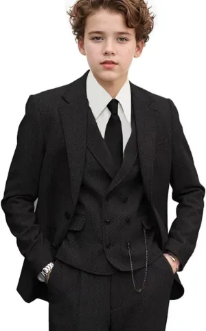 3 Piece Boys Tweed Herringbone Suit Retro Slim fit Two Button Suits Jackets Vest Dress Pants for Kid Toddler Wedding