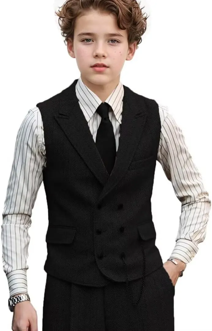 3 Piece Boys Tweed Herringbone Suit Retro Slim fit Two Button Suits Jackets Vest Dress Pants for Kid Toddler Wedding
