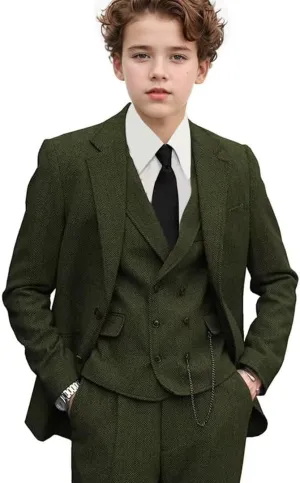 3 Piece Boys Tweed Herringbone Suit Retro Slim fit Two Button Suits Jackets Vest Dress Pants for Kid Toddler Wedding