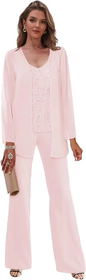 3 Piece Mother of The Bride Pant Suits with Jackets Sparkly Chiffon Formal Dress for Women Glitter Outfits