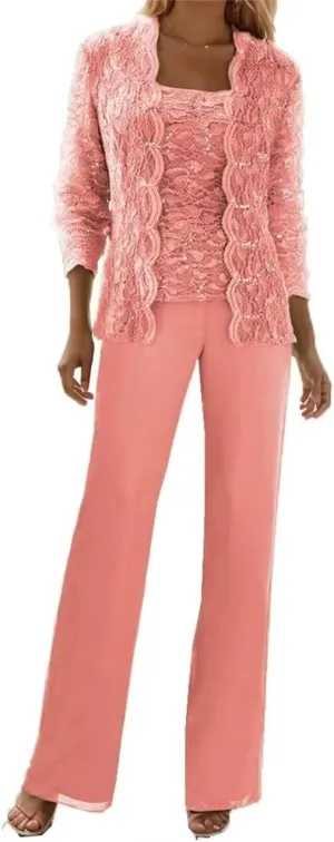 3 Pieces Mother of The Bride Pant Suits for Wedding with Jackets Long Sleeve Chiffon Formal Outfit Womens Jumpsuit