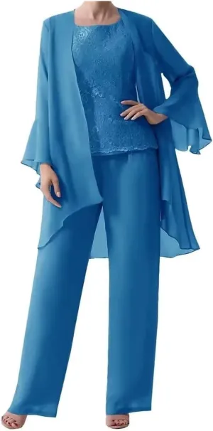 3 Pieces Mother of The Bride Pant Suits with Jackets for Wedding Lace Chiffon Formal Evening Gown