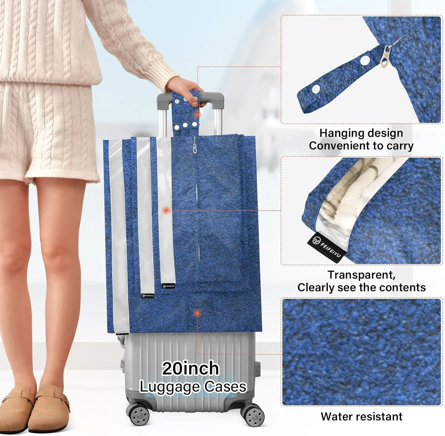 3 Set Travel Packing Cubes For Suitcases, Dark Blue, Stackable, Garment Bag Closet Storage, Luggage Space Saver, Luggages Management Personnel