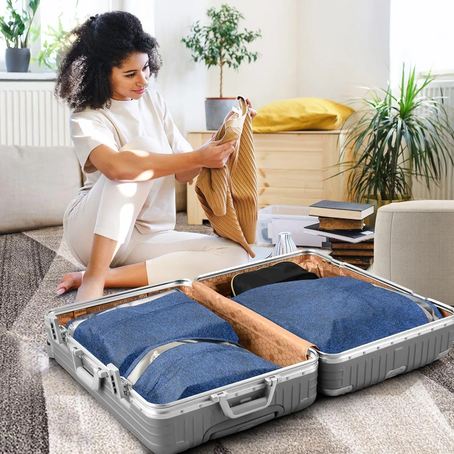 3 Set Travel Packing Cubes For Suitcases, Dark Blue, Stackable, Garment Bag Closet Storage, Luggage Space Saver, Luggages Management Personnel
