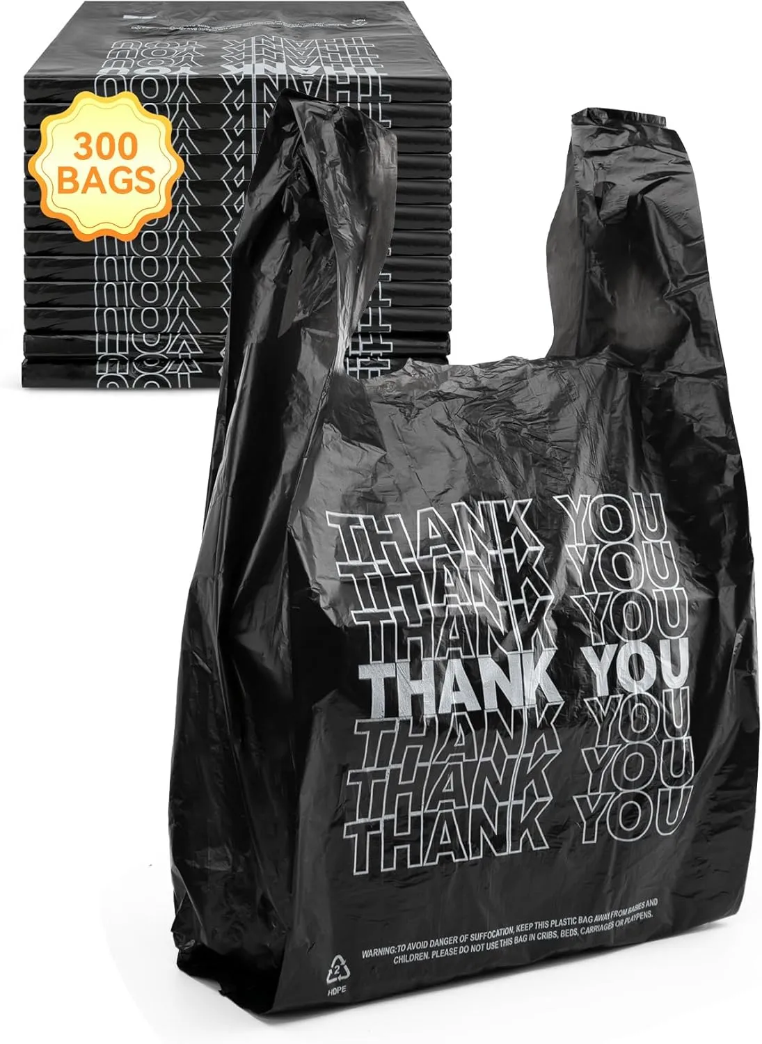 300 Count Thank You Plastic Bags, 12" x 6" x 22", 15 Mic Black Grocery Bags with Handles, Ideal for Restaurants, Retail, Grocery Stores, Takeout, Convenience Stores