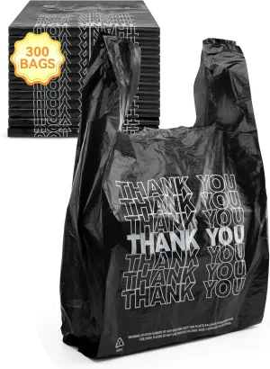 300 Count Thank You Plastic Bags, 12" x 6" x 22", 15 Mic Black Grocery Bags with Handles, Ideal for Restaurants, Retail, Grocery Stores, Takeout, Convenience Stores