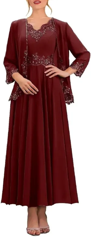 3/4 Sleeve Mother of The Bride Dresses with Jackets Beaded Sequin Lace Chiffon Formal Wedding Guest Dress
