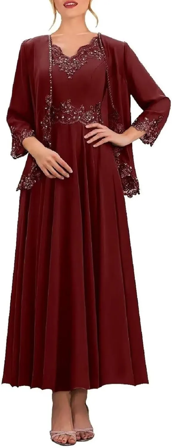 3/4 Sleeve Mother of The Bride Dresses with Jackets Beaded Sequin Lace Chiffon Formal Wedding Guest Dress