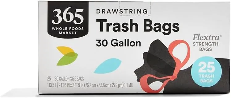 365 by Whole Foods Market, Flextra Strength Drawstring Trash Bags, 30 Gallon, 25 Count