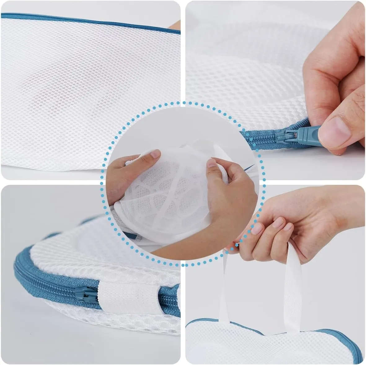 3Pcs Bra Washing Bags for Laundry Mesh Women Lingerie Underwear Brassiere Bags with Handle and Zipper Lingerie bra laundry Bag for Washing Machine Delicate (Blue, A to C cups)