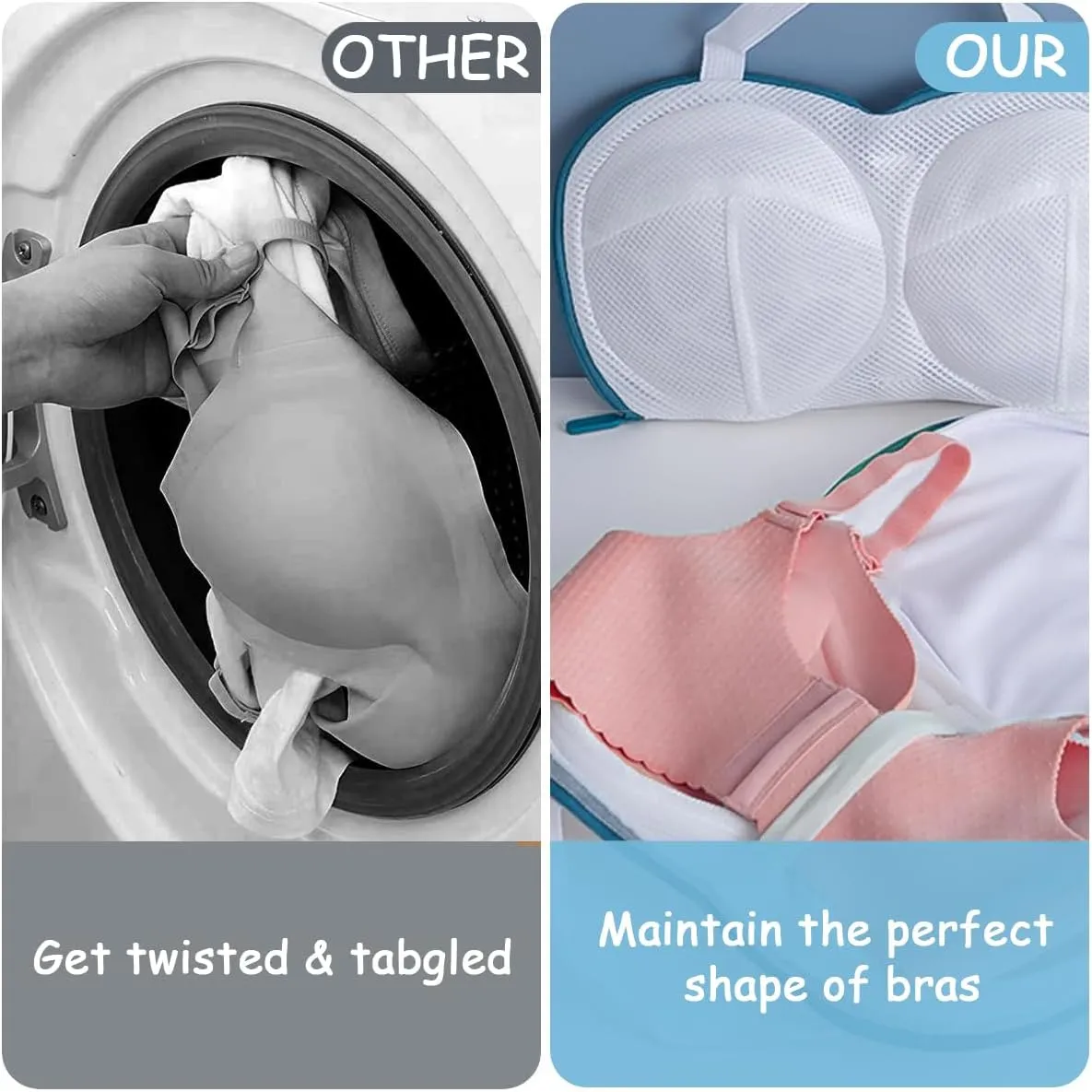 3Pcs Bra Washing Bags for Laundry Mesh Women Lingerie Underwear Brassiere Bags with Handle and Zipper Lingerie bra laundry Bag for Washing Machine Delicate (Blue, A to C cups)