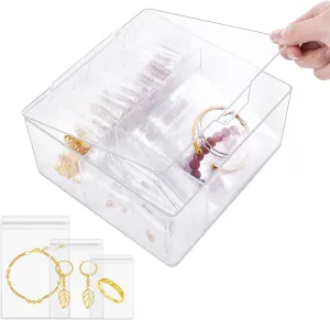 4-in-1 Acrylic Jewelry Organizer with 70 Anti Tarnish Jewelry Bags, Clear Jewelry Storage Box for Earrings, Rings, Necklaces, Bracelets, Travel Jewelry Case for Women & Girls, Perfect Mother Day Gift