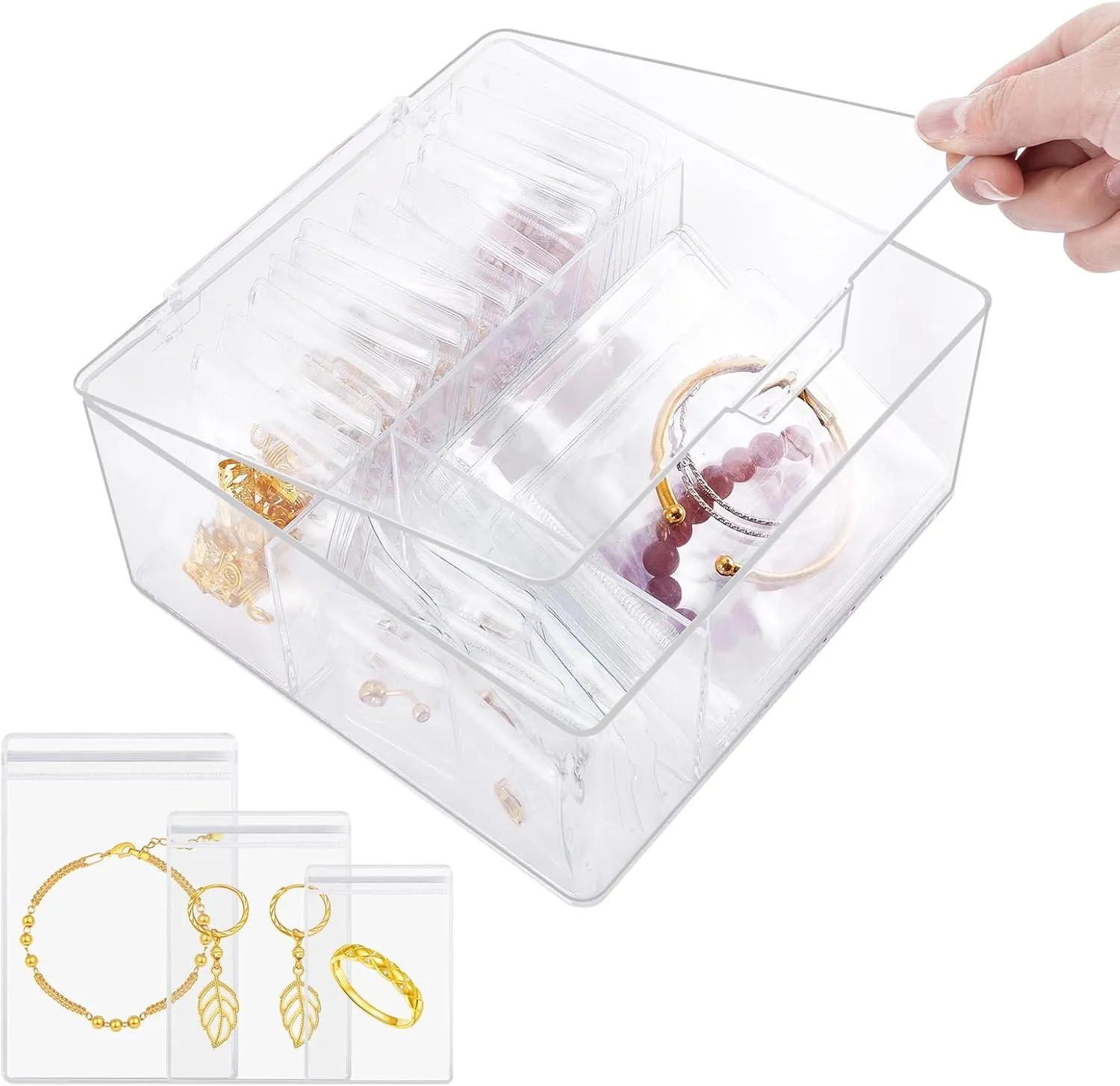 4-in-1 Acrylic Jewelry Organizer with 70 Anti Tarnish Jewelry Bags, Clear Jewelry Storage Box for Earrings, Rings, Necklaces, Bracelets, Travel Jewelry Case for Women & Girls, Perfect Mother Day Gift