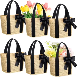 6 Pcs Bridesmaid Straw Woven Tote Bags with Handles Ribbon Bow Beach Gift Handbag for Women Wedding Bachelorette Party