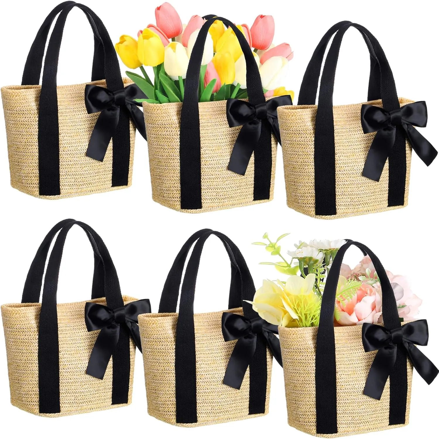 6 Pcs Bridesmaid Straw Woven Tote Bags with Handles Ribbon Bow Beach Gift Handbag for Women Wedding Bachelorette Party