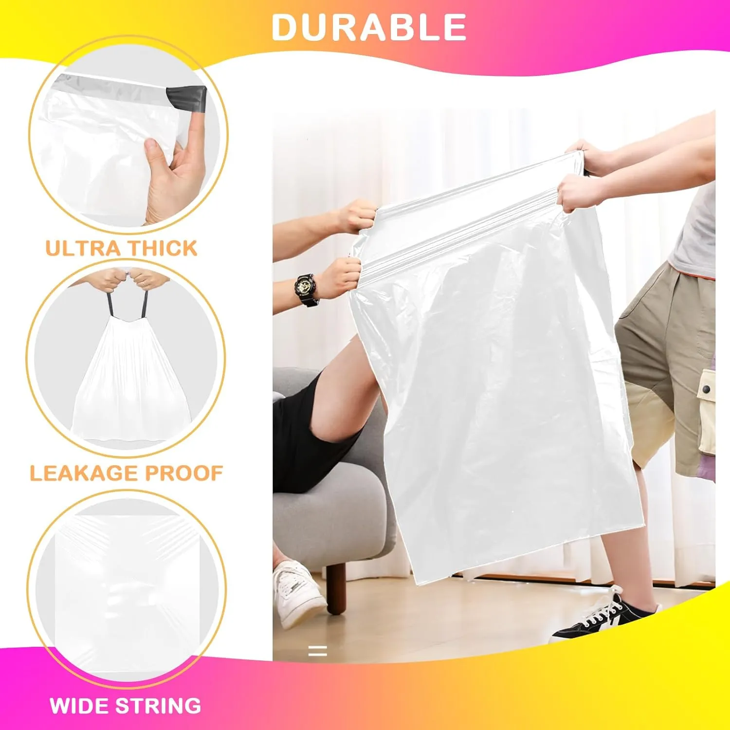 8 Gallon Drawstring Trash Bags,20 Count White