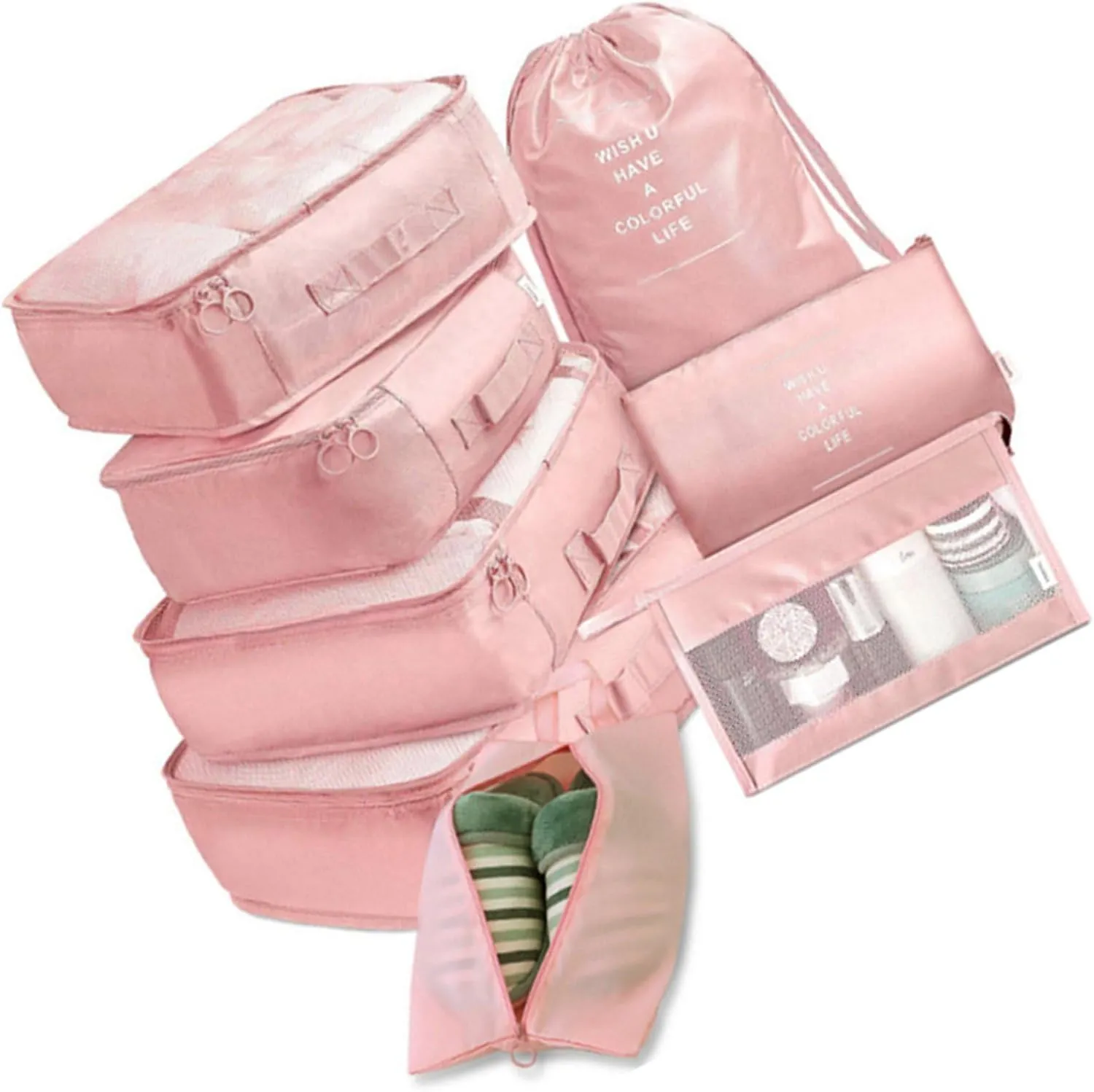 8 Set Packing Cubes with Portable Shoe Bag, Travel Underwear Storage Bag, and Makeup Bag for Suitcases Organizer Bags Set, Carry On Suitcase Luggage Organizers (Rose)