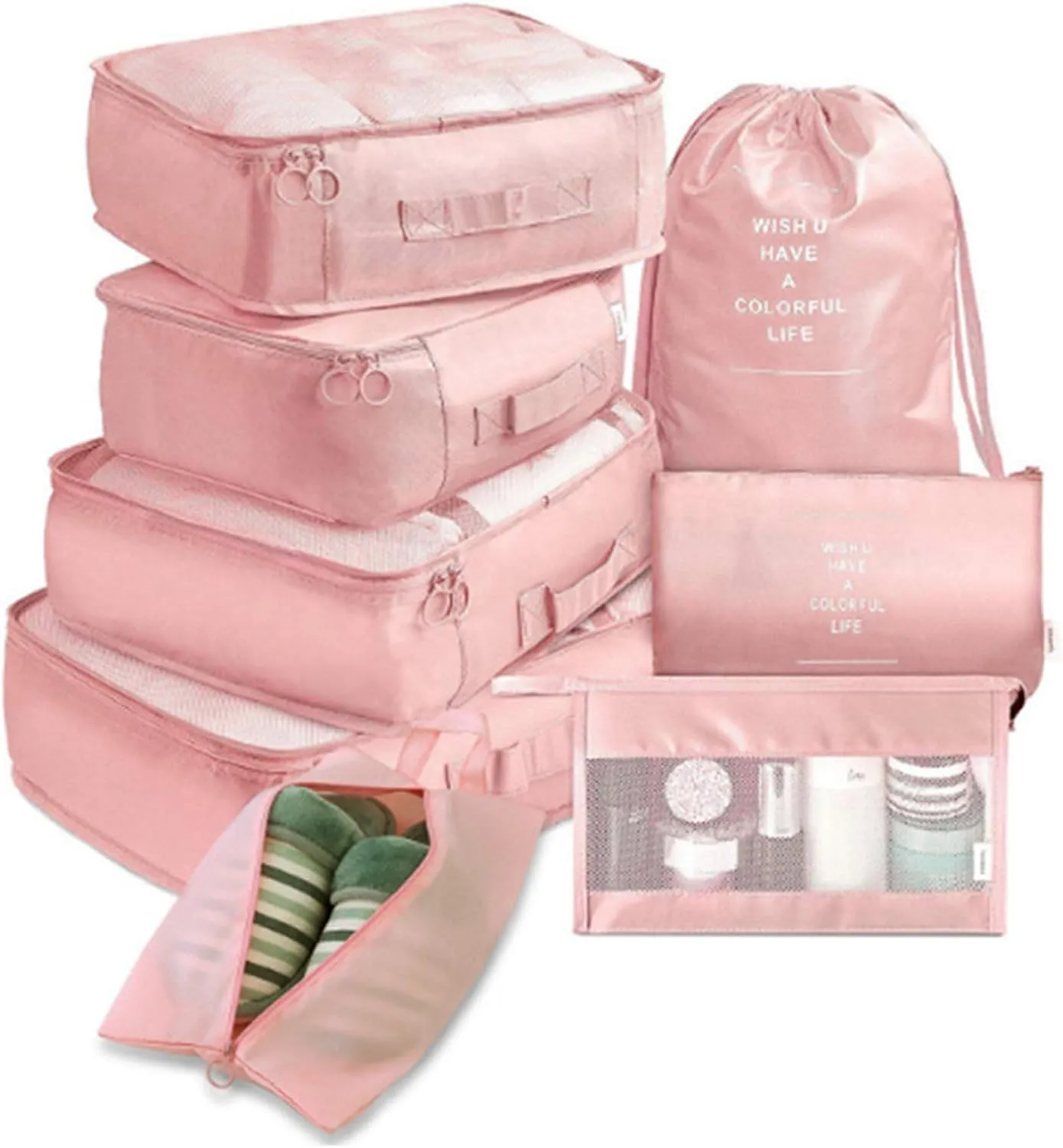 8 Set Packing Cubes with Portable Shoe Bag, Travel Underwear Storage Bag, and Makeup Bag for Suitcases Organizer Bags Set, Carry On Suitcase Luggage Organizers (Rose)