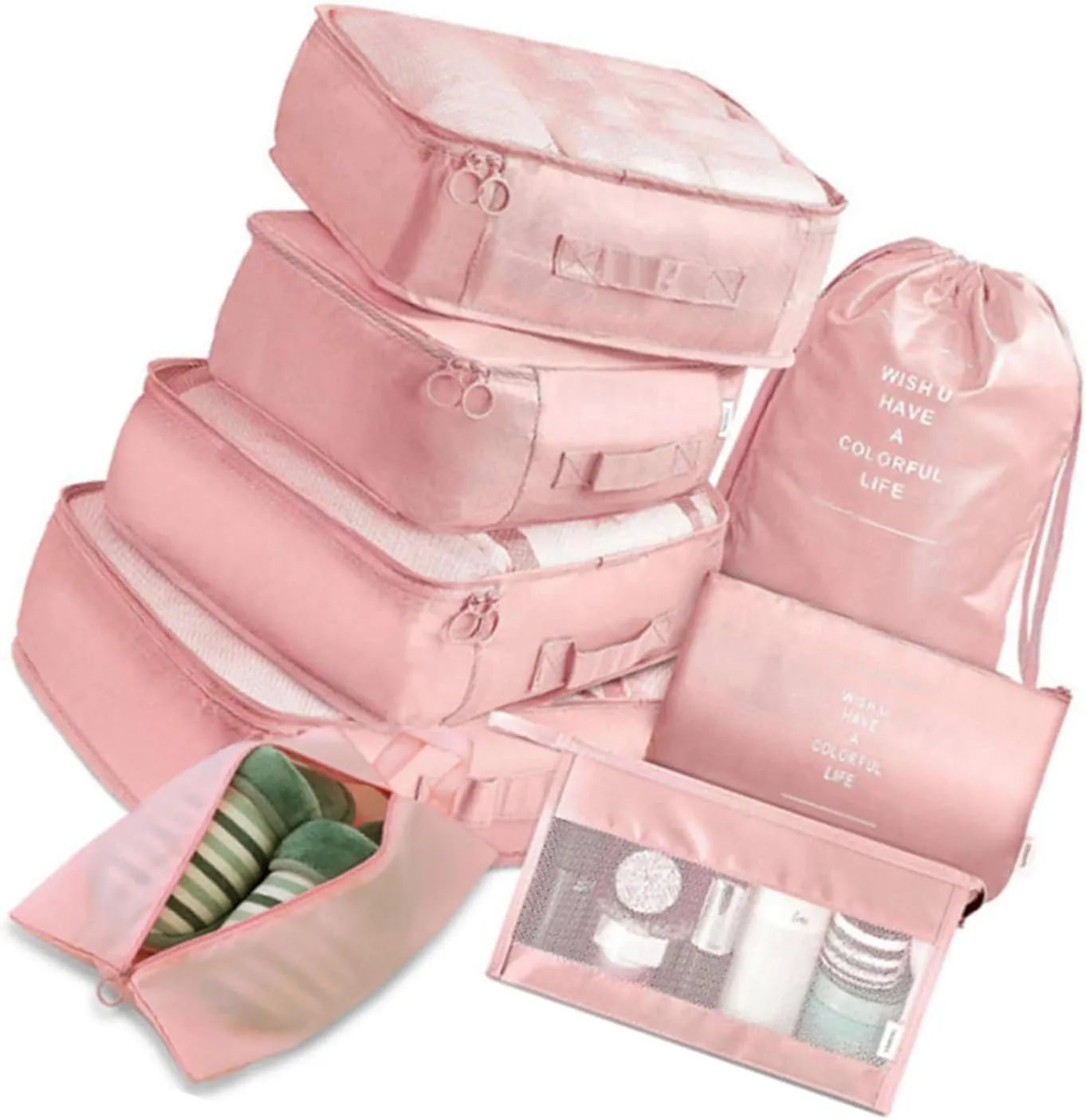 8 Set Packing Cubes with Portable Shoe Bag, Travel Underwear Storage Bag, and Makeup Bag for Suitcases Organizer Bags Set, Carry On Suitcase Luggage Organizers (Rose)