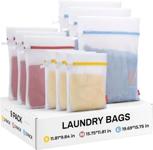 9 Pack Laundry Bag, Mesh Laundry Bags with Sturdy Zipper, Hanging Loop and Breathable Fine Net, Artisans Made Wash Bags for Lingerie, Delicates, Underwear, Pants, Shoes, Socks