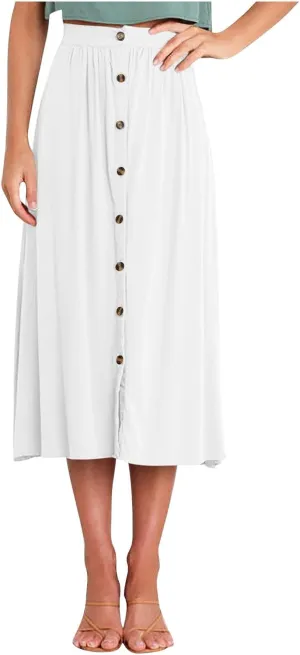 A Line Midi Skirts for Women Button Front Casual Summer Skirt High Waisted Flowy Boho Beach Skirts Resort Wear