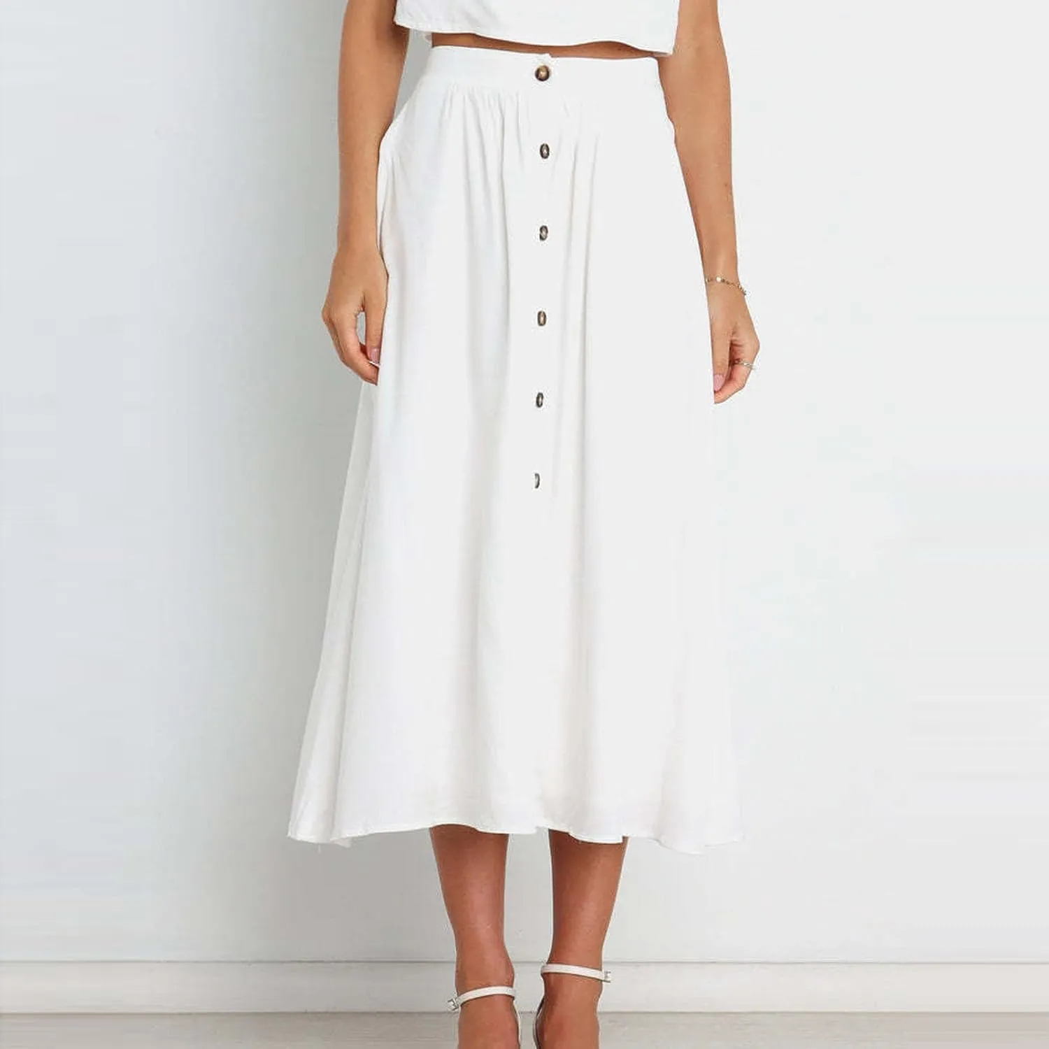 A Line Midi Skirts for Women Button Front Casual Summer Skirt High Waisted Flowy Boho Beach Skirts Resort Wear