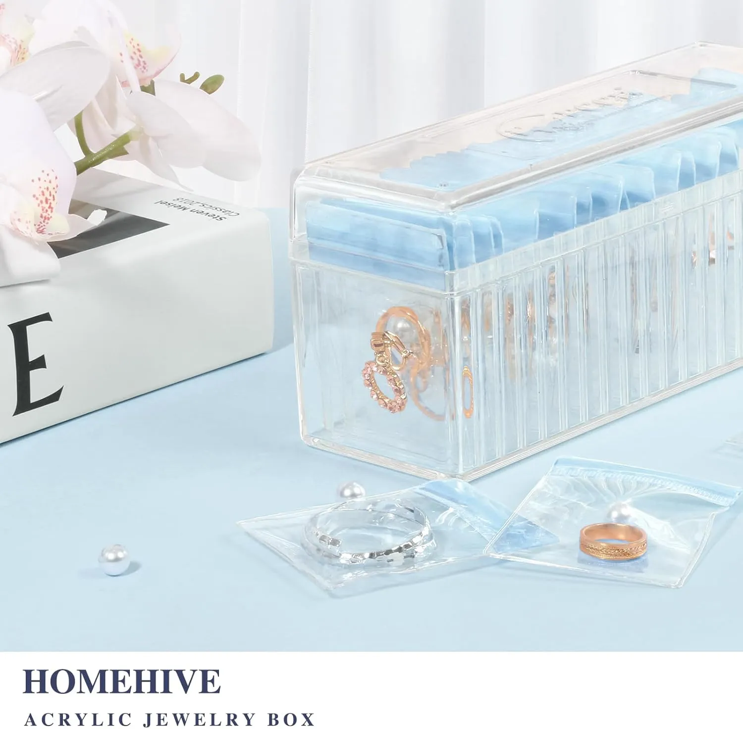 Acrylic Jewelry Box Organizer, Clear Jewelry Organizer Holder with 20 Portable Anti Tarnish Jewelry bags, Travel Jewelry Case for Earrings/Rings/Necklaces for Women Girls, Blue