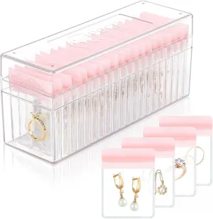 Acrylic Jewelry Box Organizer, Clear Jewelry Organizer Holder with 20 Portable Anti Tarnish Jewelry bags, Travel Jewelry Case for Earrings/Rings/Necklaces for Women Girls, Pink