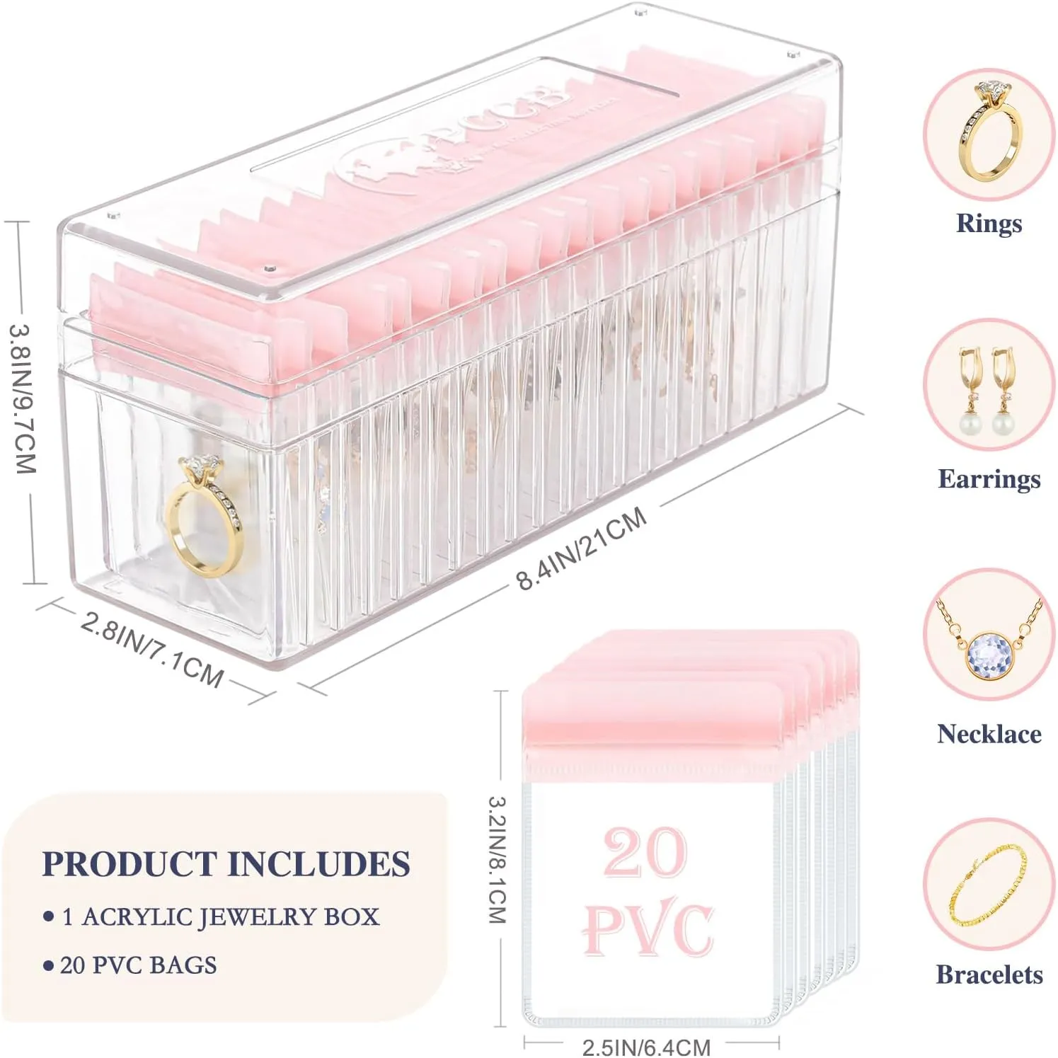 Acrylic Jewelry Box Organizer, Clear Jewelry Organizer Holder with 20 Portable Anti Tarnish Jewelry bags, Travel Jewelry Case for Earrings/Rings/Necklaces for Women Girls, Pink