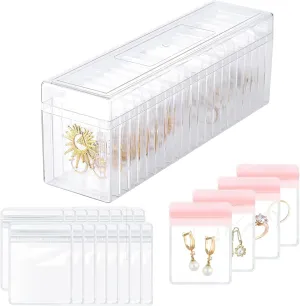 Acrylic Jewelry Box Organizer with 40 PVC Portable Anti Tarnish Jewelry bags Clear Jewelry Organizer,Travel Jewelry Case for Earrings Ring Necklace (Clear Pink)