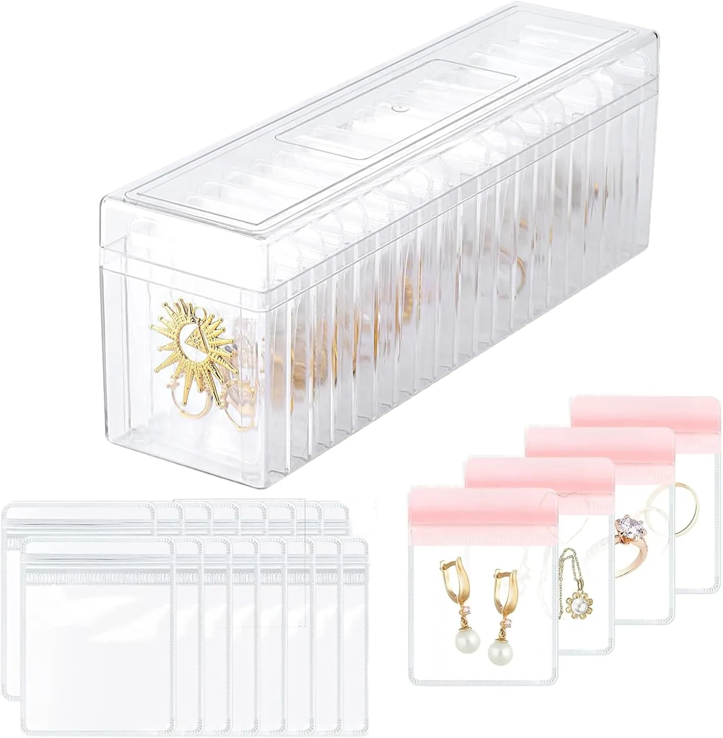 Acrylic Jewelry Box Organizer with 40 PVC Portable Anti Tarnish Jewelry bags Clear Jewelry Organizer,Travel Jewelry Case for Earrings Ring Necklace (Clear Pink)