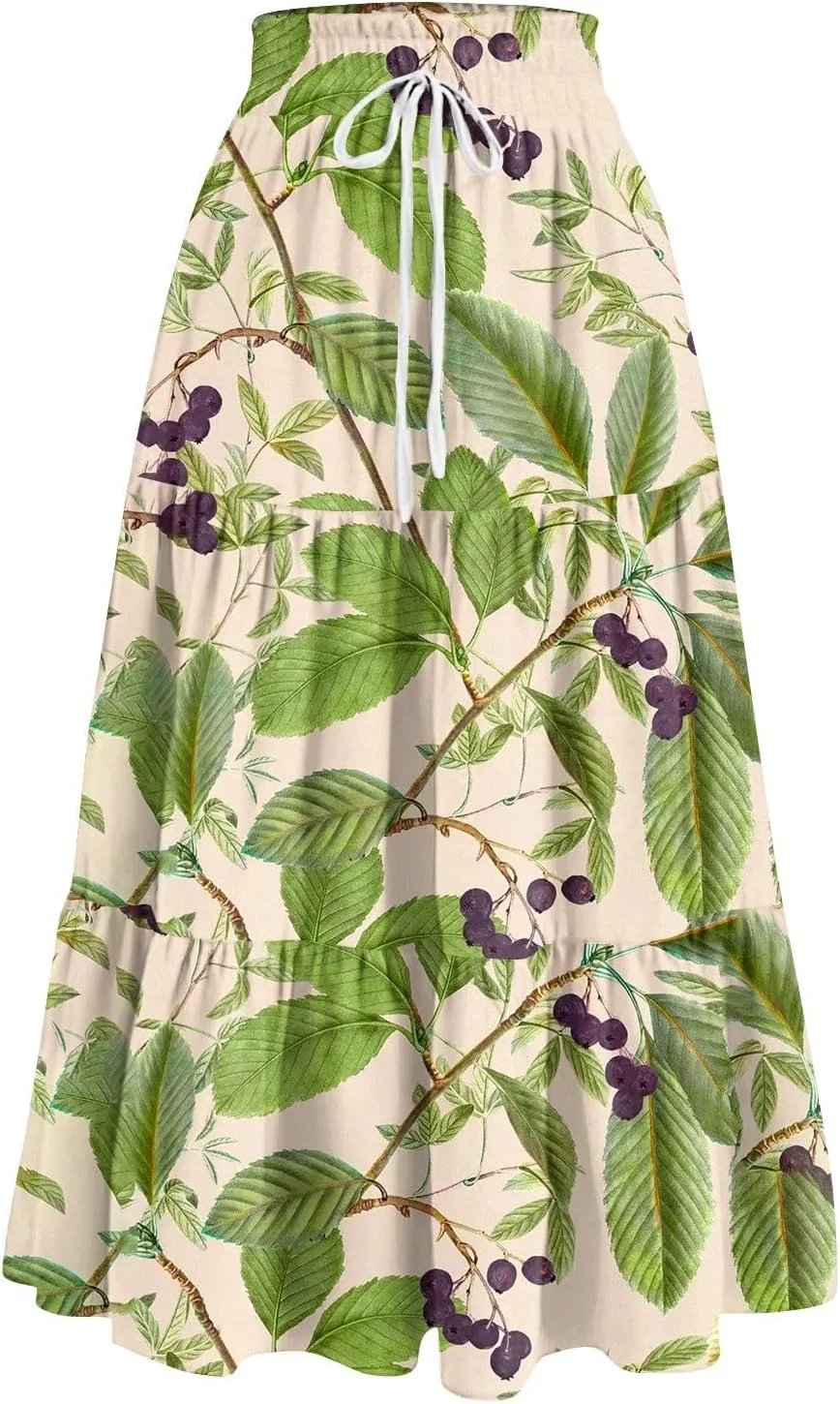 ADHOWBEW Boho Skirts for Women Flowy Trendy Beach Midi Length Plus Size Ruffle A Line Casual Cute High Waisted Spring Skirts