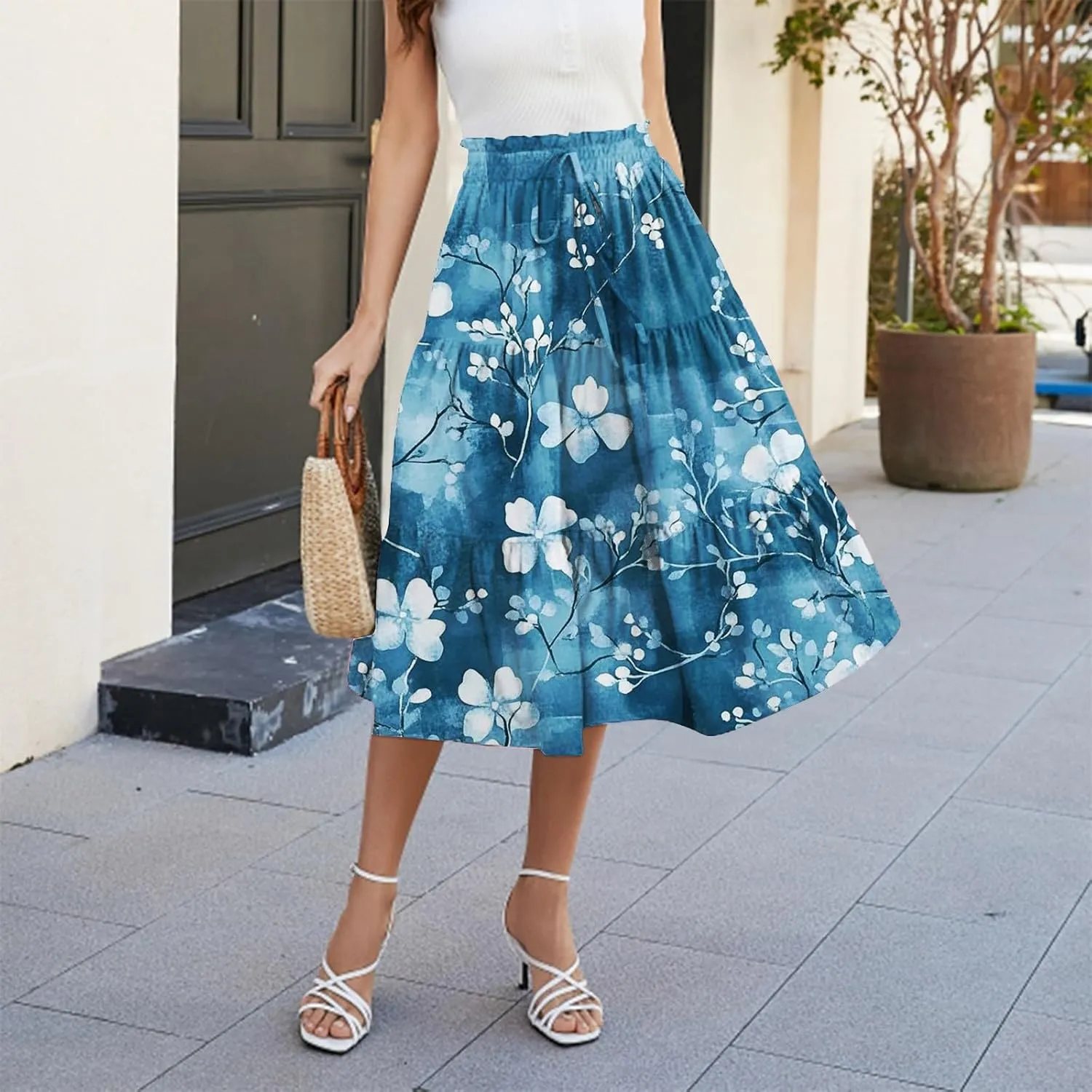 ADHOWBEW Floral Maxi Skirt for Women Trendy Flowy Sexy Elastic Waist High Waist Cotton Bohemian Skirts