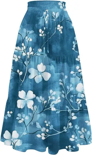 ADHOWBEW Floral Maxi Skirt for Women Trendy Flowy Sexy Elastic Waist High Waist Cotton Bohemian Skirts