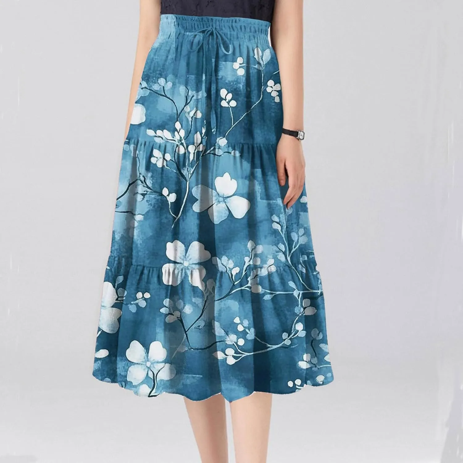 ADHOWBEW Floral Maxi Skirt for Women Trendy Flowy Sexy Elastic Waist High Waist Cotton Bohemian Skirts