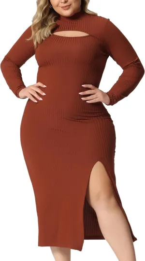 Agnes Orinda Plus Size Women Dresses Round Neck Cut Out Front Knee Slim Split Hem Bodycon Dress