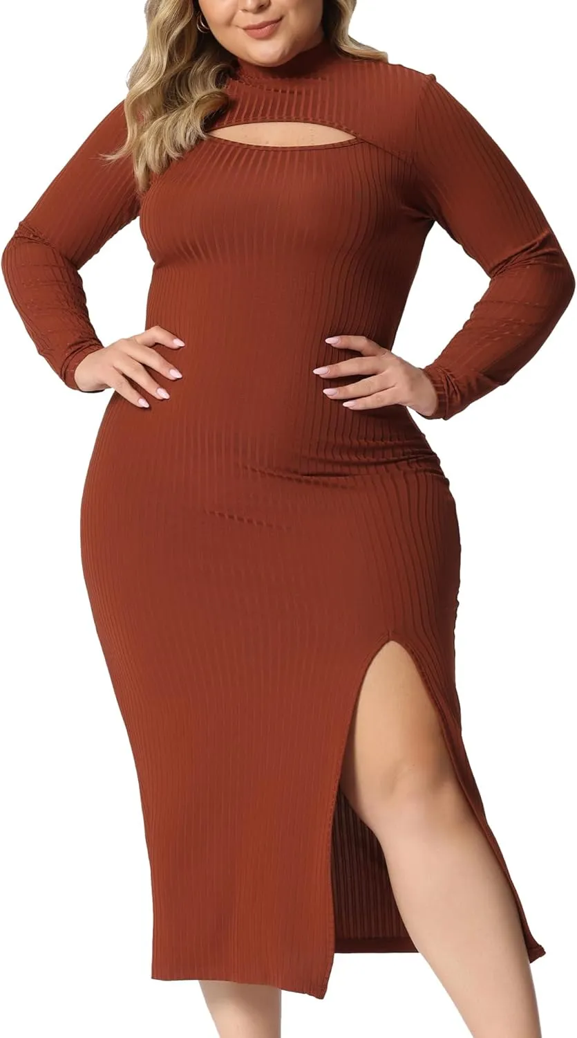 Agnes Orinda Plus Size Women Dresses Round Neck Cut Out Front Knee Slim Split Hem Bodycon Dress