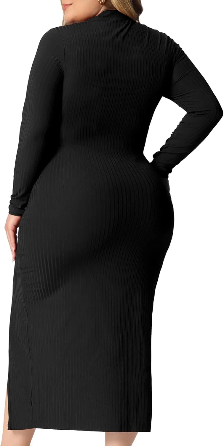 Agnes Orinda Plus Size Women Dresses Round Neck Cut Out Front Knee Slim Split Hem Bodycon Dress