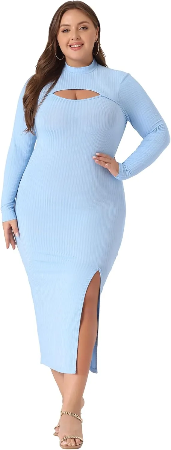 Agnes Orinda Plus Size Women Dresses Round Neck Cut Out Front Knee Slim Split Hem Bodycon Dress