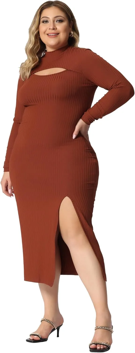 Agnes Orinda Plus Size Women Dresses Round Neck Cut Out Front Knee Slim Split Hem Bodycon Dress