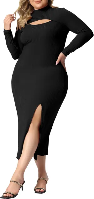 Agnes Orinda Plus Size Women Dresses Round Neck Cut Out Front Knee Slim Split Hem Bodycon Dress