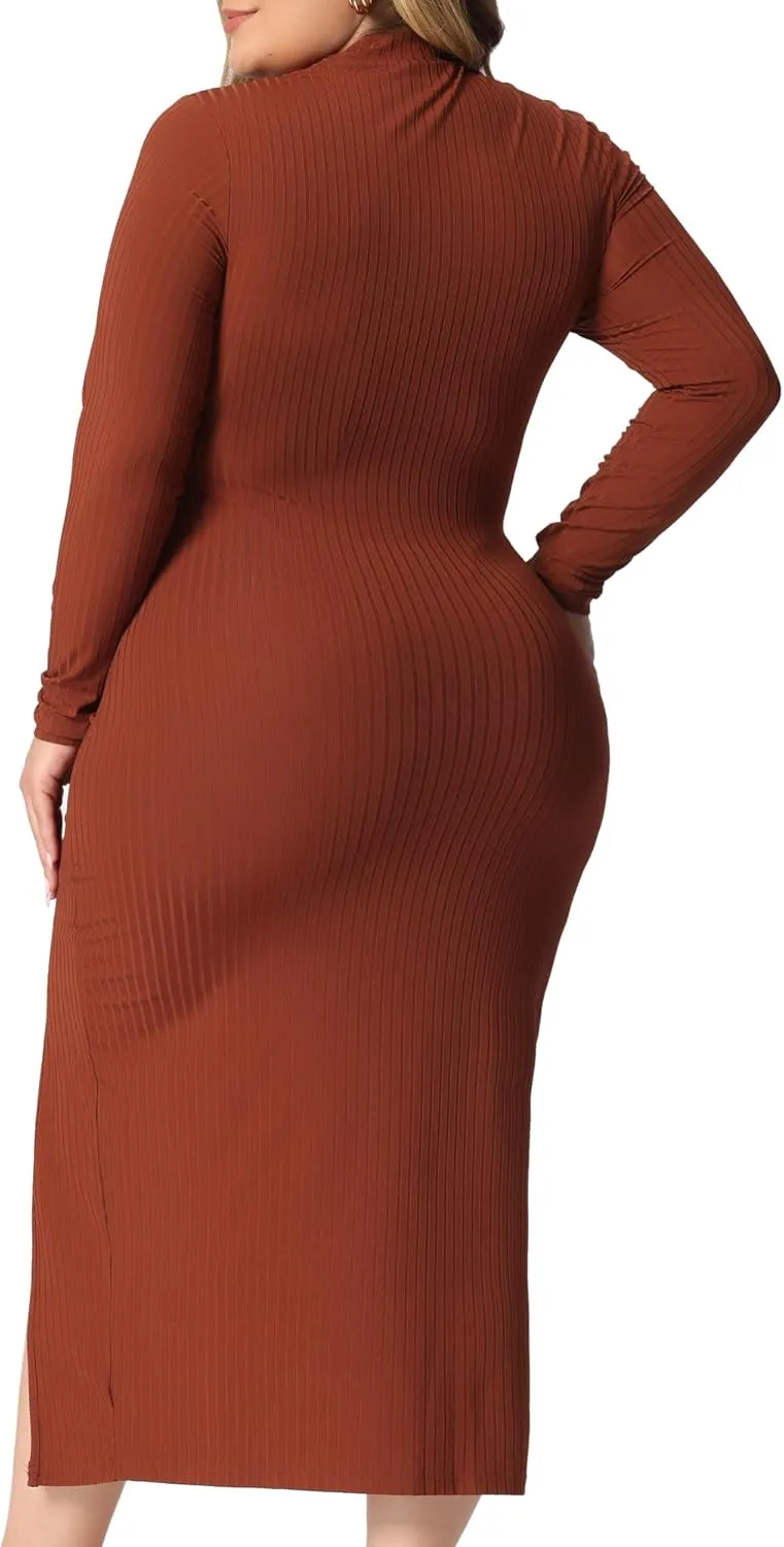 Agnes Orinda Plus Size Women Dresses Round Neck Cut Out Front Knee Slim Split Hem Bodycon Dress