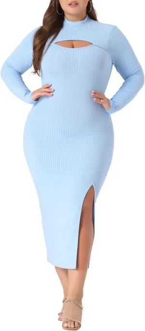 Agnes Orinda Plus Size Women Dresses Round Neck Cut Out Front Knee Slim Split Hem Bodycon Dress