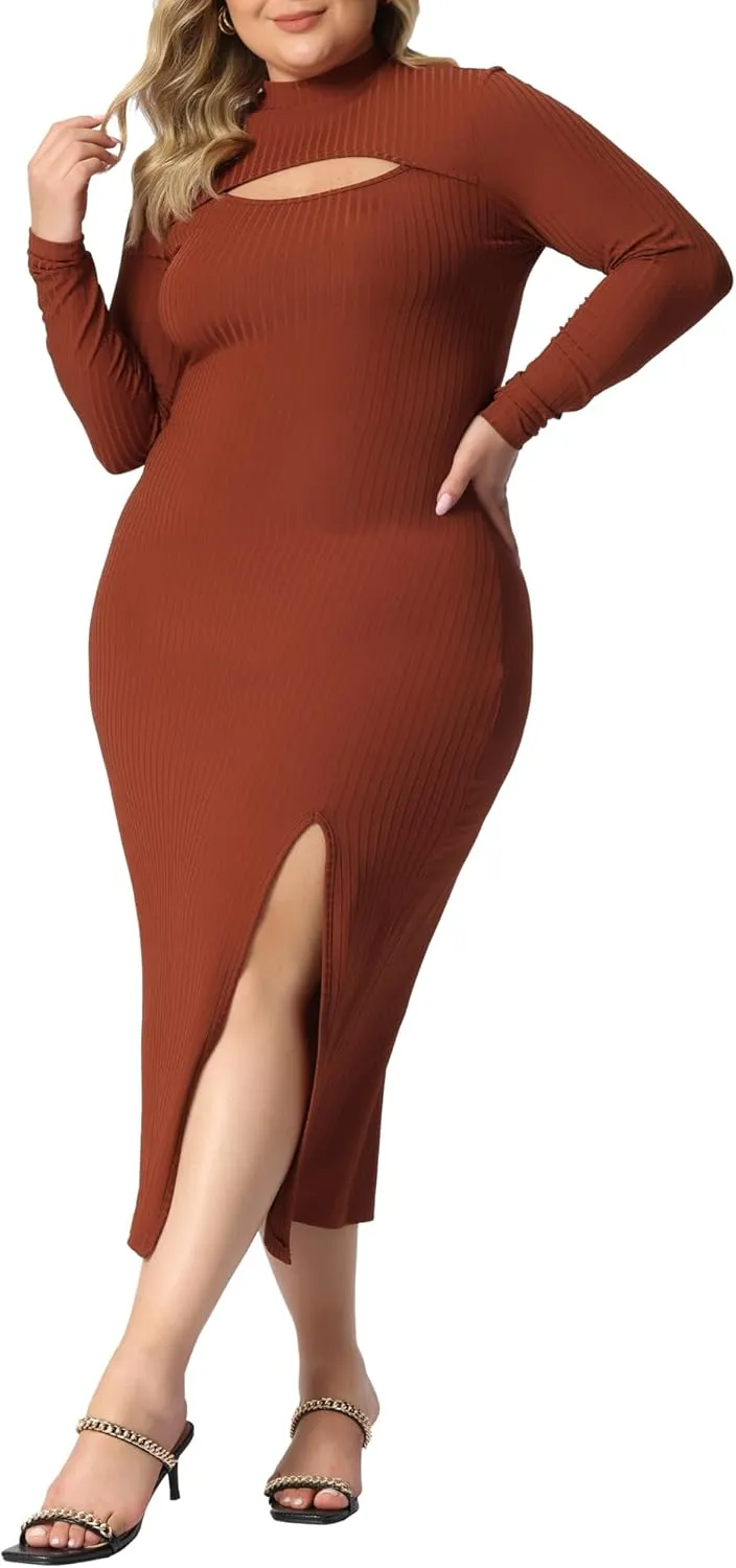 Agnes Orinda Plus Size Women Dresses Round Neck Cut Out Front Knee Slim Split Hem Bodycon Dress
