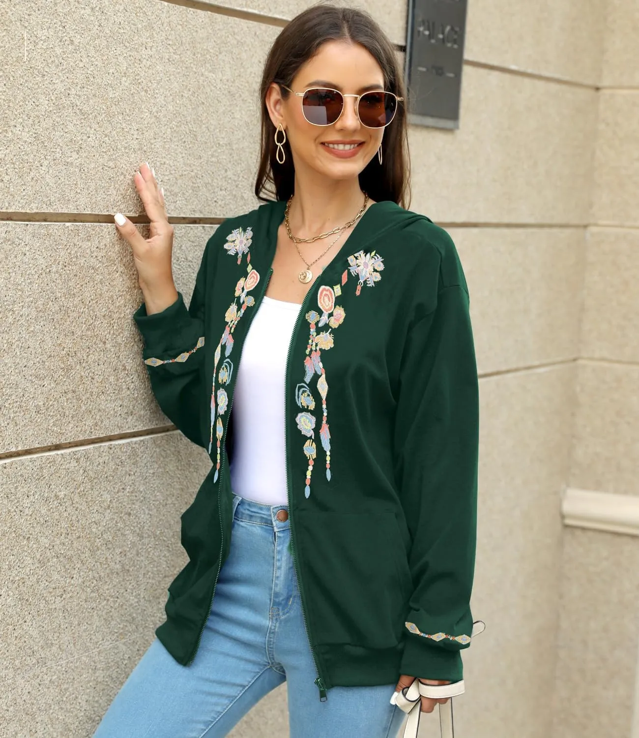 AK Women's Full Zip Long Sleeve Embroidered Sweatshirt Floral Boho Embroidered Mexican Hoodie Fall Winter Coat Tops Jackets