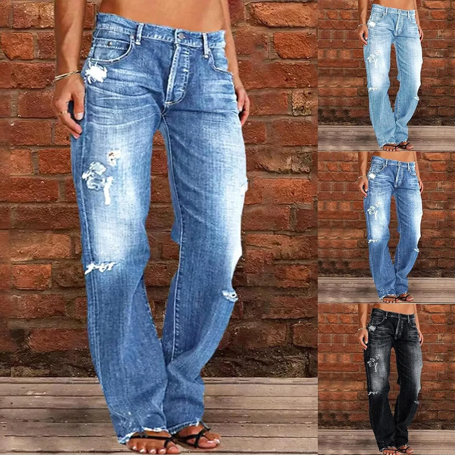 Akivide Loose Distressed Jean for Women Baggy Ripped Straight Leg Mid Waist Boyfriend Denim Pants