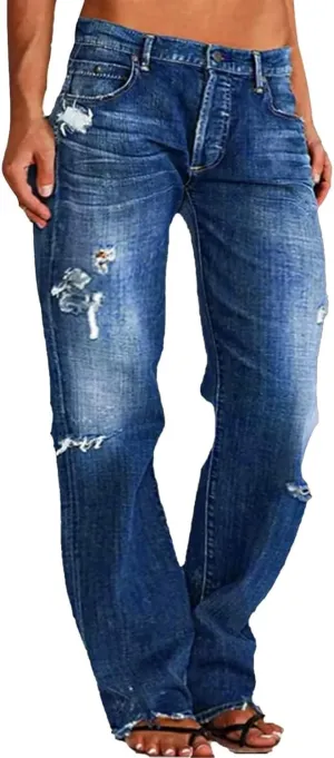 Akivide Loose Distressed Jean for Women Baggy Ripped Straight Leg Mid Waist Boyfriend Denim Pants