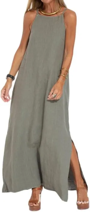 Akivide Womens Cotton Linen Sleeveless Maxi Dress Spaghetti Strap Slit Summer Casual Loose Flowy Beach Long Shift Sun Dress