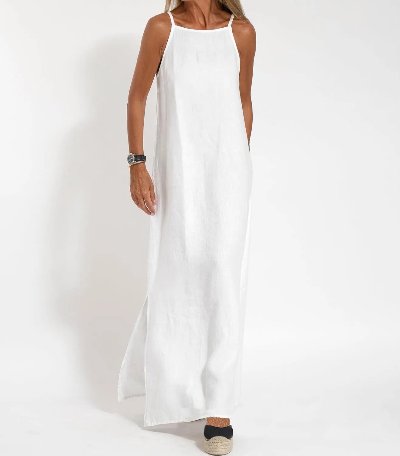 Akivide Womens Cotton Linen Sleeveless Maxi Dress Spaghetti Strap Slit Summer Casual Loose Flowy Beach Long Shift Sun Dress