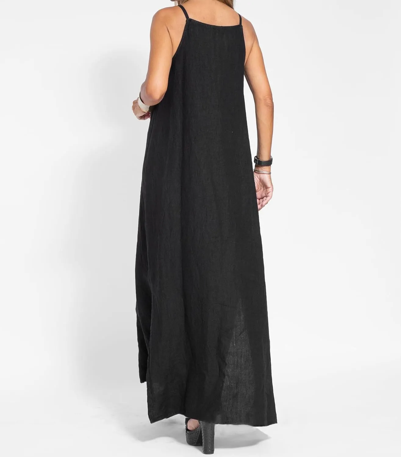 Akivide Womens Cotton Linen Sleeveless Maxi Dress Spaghetti Strap Slit Summer Casual Loose Flowy Beach Long Shift Sun Dress